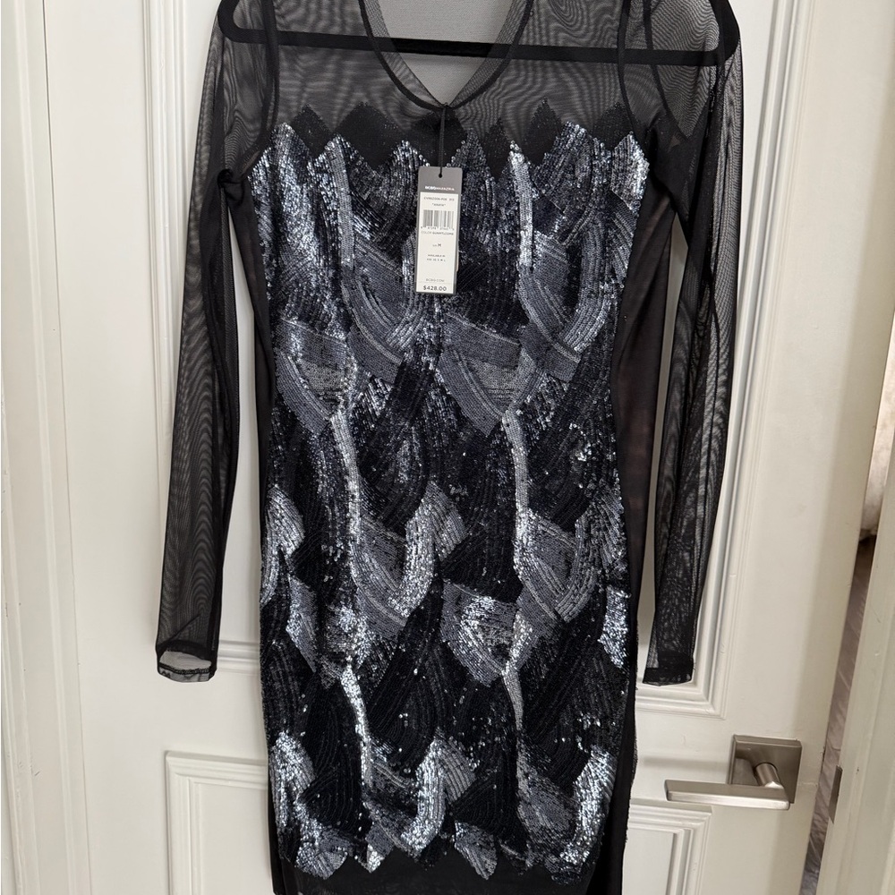 BCBGMaxAzria Black and Silver Long Sleeve Dress